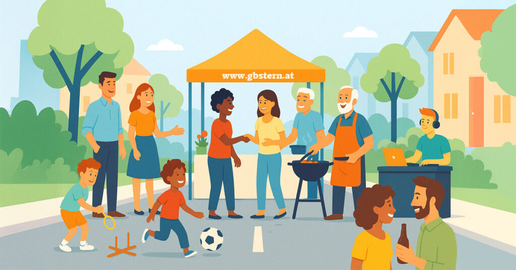 Gartelfest gbstern: Eine Illustration. Mehrere Personen stehen in einer Wohnstraße. Es gibt einen Garten-Pavillion der GB*, Jemand steht hinter einem Griller, Ein DJ sitzt bei einem Pult, Kinder spielen Outdoor-spiele