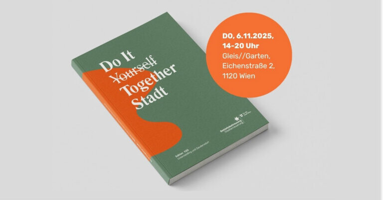 Das Buchcover des Ratgebers „Do It Together Stadt“ der GB*. Es ist in dinklem günr mit einer orangen Fläche gestaltet.